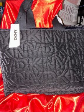 DKNY Black Quilted Logo Tote with Top Handles and Reversible Faux Fur-NWT
